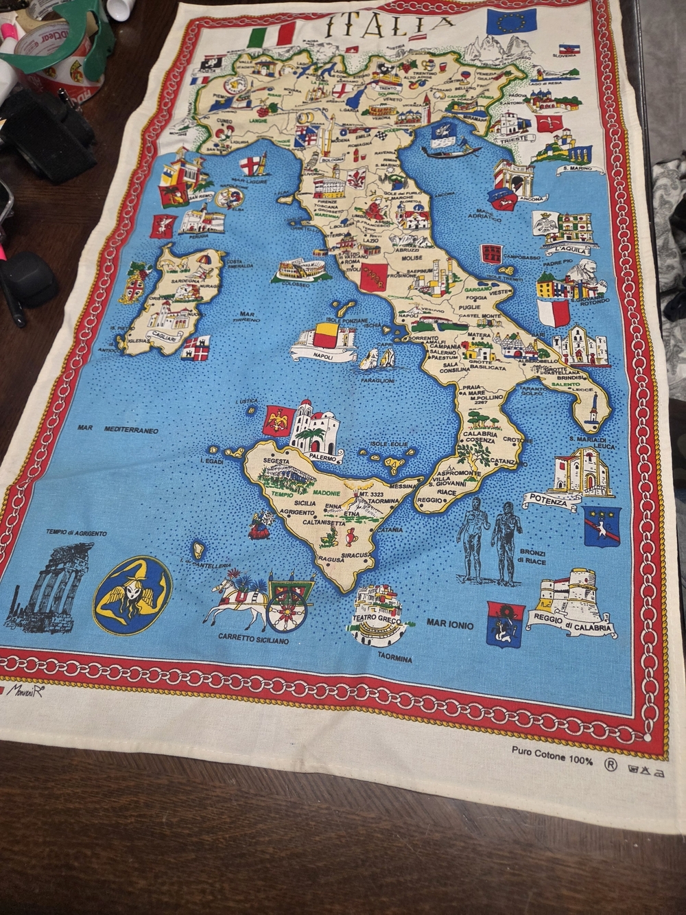 Italy Map Cotton Tea Towel Or  wall hanging - Blue, Red, Cream